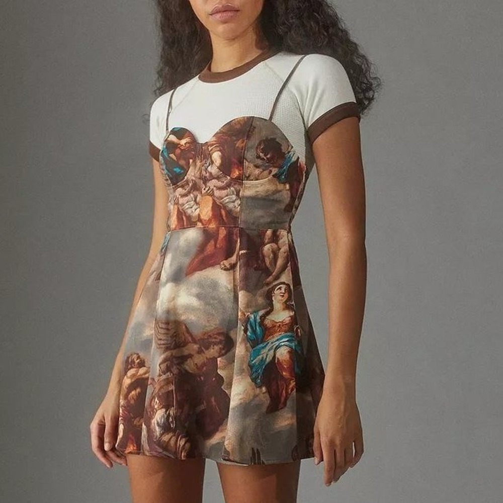 Urban Outfitters Orion Slip Dress Renaissance Cherub Print Mini Dress Size Small
